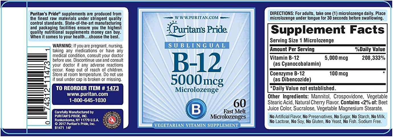 Puritan's Pride Vitamin B-12 Helps Convert Food into Energy* 5000 Mcg Sublingual- Microlozenges, 60 Count (Pack of 1) : Health & Household
