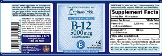 Puritan's Pride Vitamin B-12 Helps Convert Food into Energy* 5000 Mcg Sublingual- Microlozenges, 60 Count (Pack of 1) : Health & Household