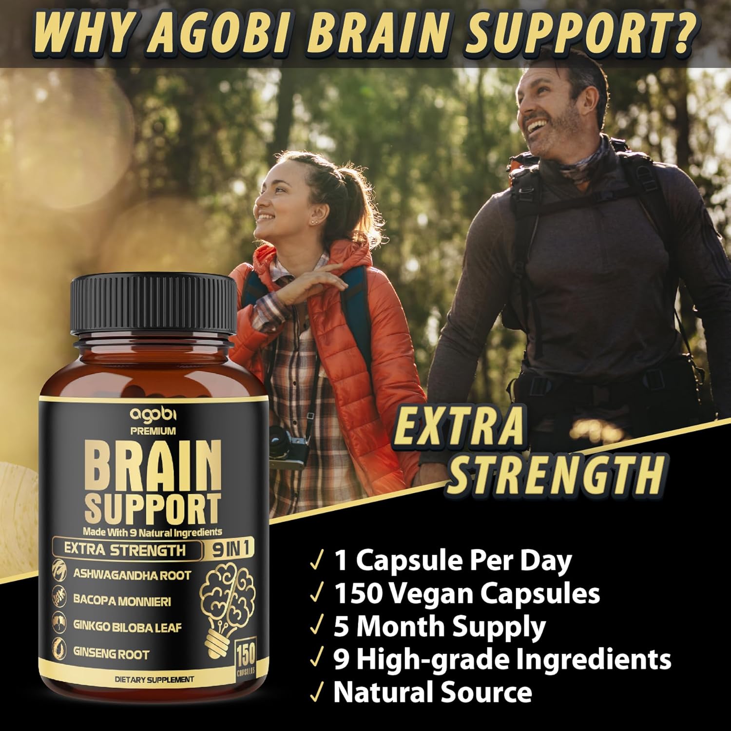 Agobi 9In1 Brain Support Supplement - Blended With Ashwagandha, Panax Ginseng, Gotu Kola, Ginkgo Biloba, Black Pepper & More - Accuracy, Focus, Memory & Energy Booster - 150 Capsules For 5 Months : Health & Household