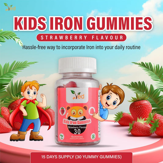 Iron Gummies Kids,15 Day Supply, Natural Strawberry Flavour, 30 Chewable Vegan Gummies, Vegetarian Friendly, Energy & Immune System, Kids Iron Gummies, Gmo & Gluten Free