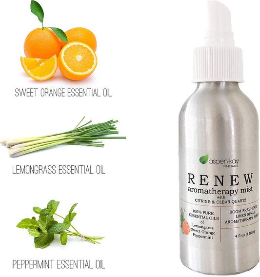 New Aromatherapy Spray, Renew, Refresh & Energize. Citrus Blend, Made With Pure Essential Oils. Room & Linen Spray, With Citrine & Quartz Crystals In Each Bottle. 4Oz (Renew - Citrus & Mint)
