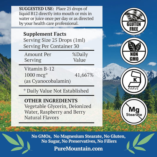 Pure Mountain Botanicals B12 Vitamin 1000 Mcg – Kosher B12 Drops In 1Oz Bottle With Natural Berry Flavor