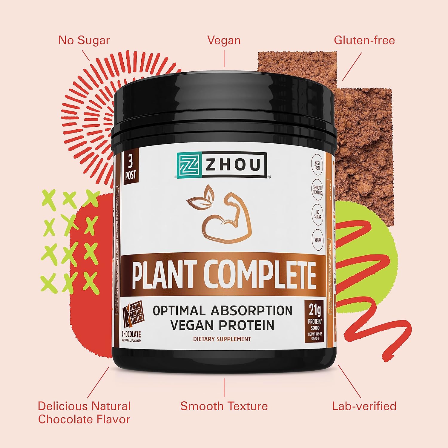 Zhou Nutrition Plant Based Vegan Protein Powder, Best Absorption Diges