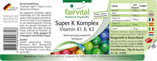 Fairvital | Super K Complex - Bulk Pack For 3 Months - Vegan - High Dosage - 90 Capsules - Vitamin K1 (Phytomenadione) And K2 (Menaquinone Mk-7)