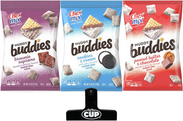 By The Cup Bag Clip With Muddy Buddies Variety Pack, Peanut Butter & Chocolate Flavor 4.5 Oz, Cookies & Cream 4.25 Oz, Brownie Supreme 4.5 Oz Bags, 1 Of Each, (Pack Of 3)