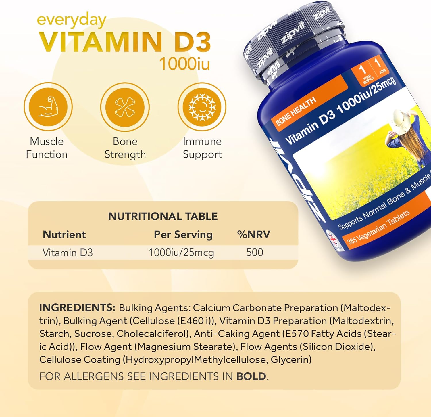Zipvit Vitamin D 1000IU, 1 Year Supply, 365 Vegetarian D3 Tablets, High Absorption, Easy-to-Swallow Vitamin D Tablets for Immune, Bone & Muscle Health : Amazon.co.uk: Health & Personal Care
