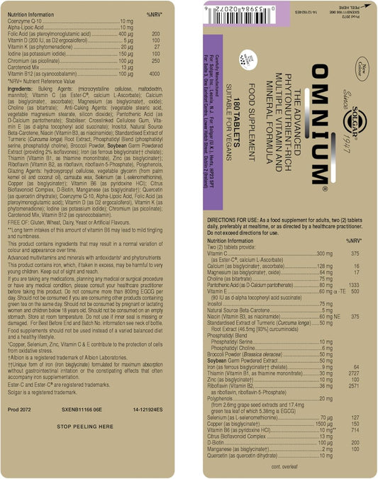 Solgar Omnium Multivitamin Tablets - Pack Of 180 - With 47 Active Ingredients For A Balanced Lifestyle - Rich In Antioxidants - Vegan And Gluten Free