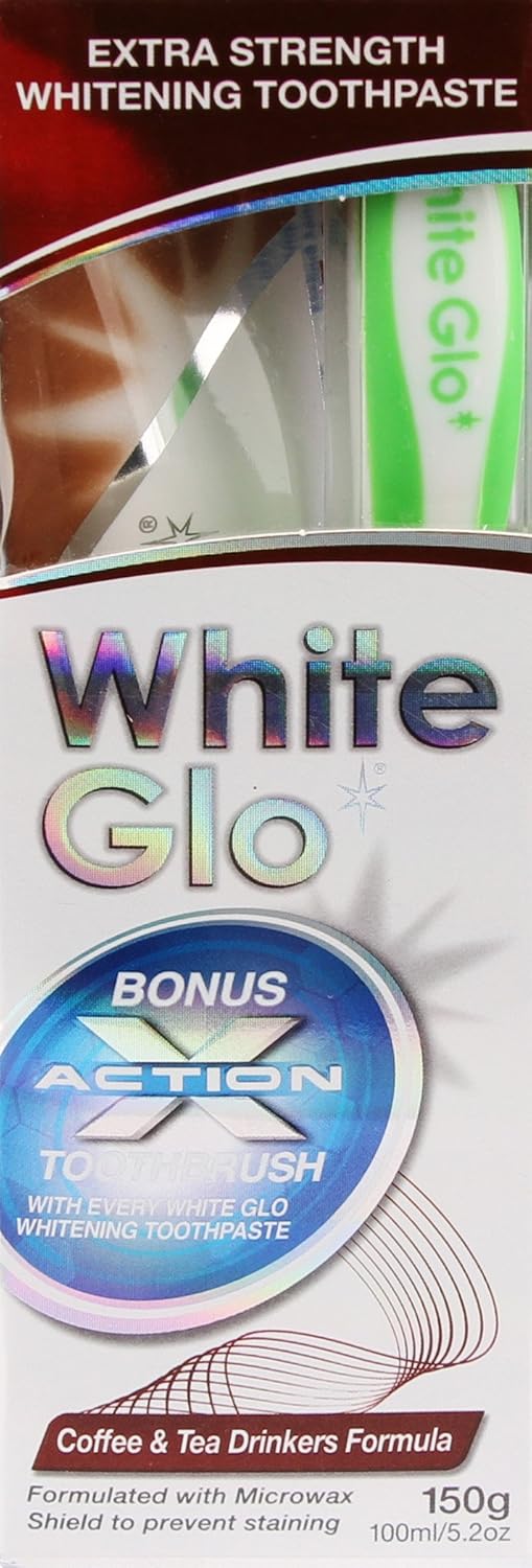 White Glo Coffee And Tea Drinkers Whitening Toothpaste With Bonus X Action Toothbrush, 5.2 Ounce