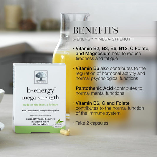 New Nordic B-Energy Mega Strength Vitamin B Complex 60 Pack - Dairy And Gluten Free - Vegan Supplements - Multi Vitamins For Tiredness And Fatigue