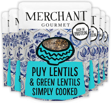 Merchant Gourmet Simply Cooked Puy Lentils - High In Protein, Low Fat, Source Of Fibre & Vegan - Pack Of 6 X 250G Ready-To-Eat Pouches