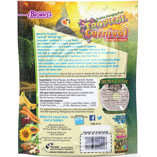 F.M. Brown'S Tropical Carnival Fruit & Nut Cockatiel, Conure And Lovebird Treat With Natural Fruits, Nuts, Seeds And Veggies, 8-Oz Bag - Treat Bits Designed For Small Hookbills44990-6