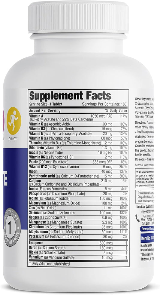 Bronson One Daily MenāS Complete Multivitamin Multimineral Once-Daily Multi For Active Men, 180 Tablets