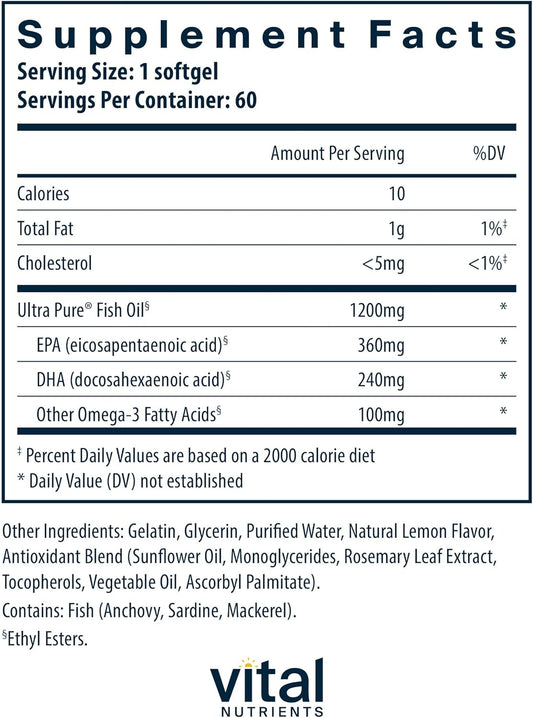 Vital Nutrients Ultra Pure® Fish Oil 700 | Supports Heart, Brain, And Joint Health* | Sustainably Sourced High Epa & Dha Omega-3 Fatty Acid | Lemon Flavor | Gluten, Dairy & Soy Free