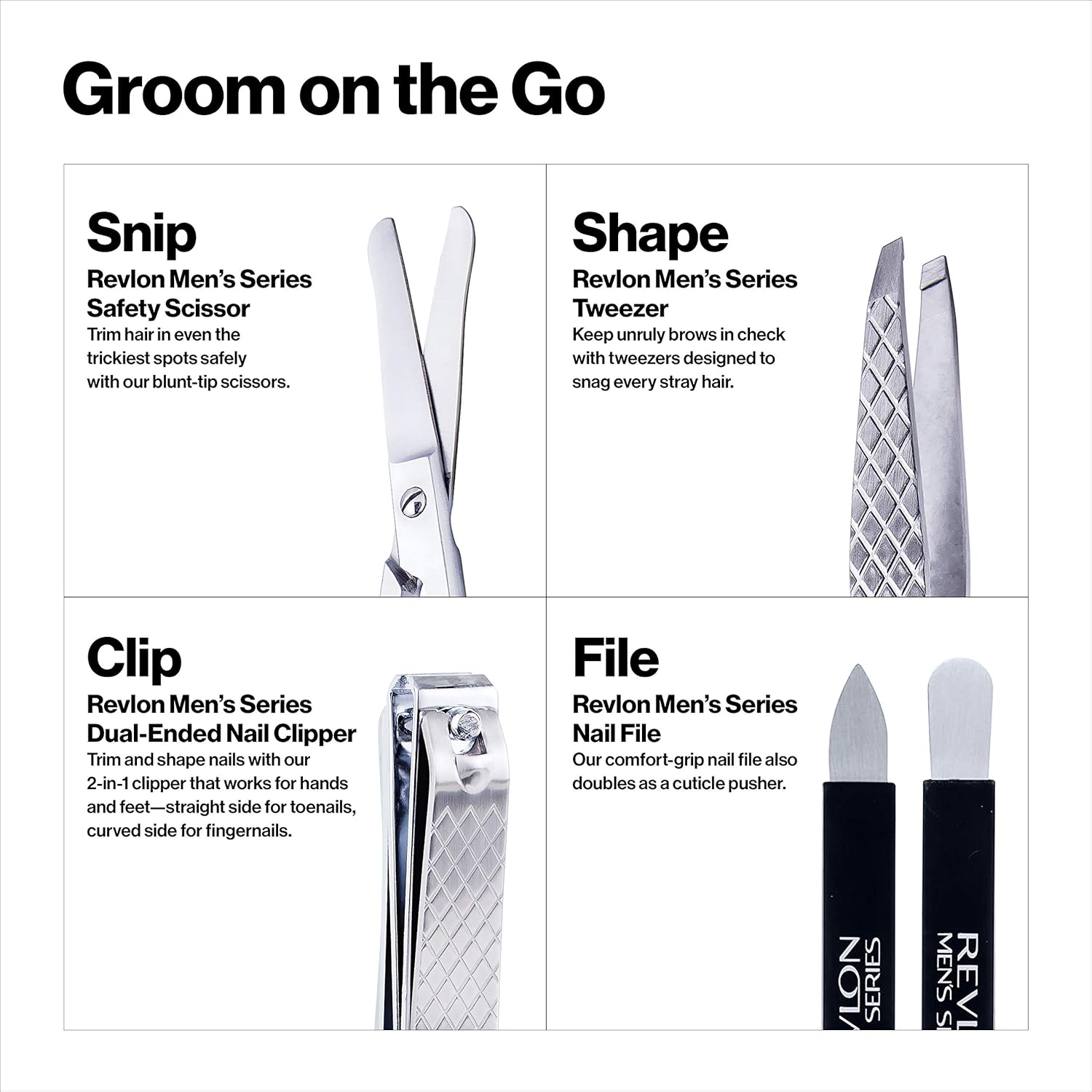 Revlon Men's Grooming Kit, Nail Clipper, Safety Grooming Scissors, Nail File & Tweezers, High Precision Hair Removal Tools, Stainless Steel (Pack of 1) : Beauty & Personal Care