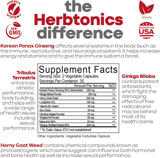 Herbtonics Testosterone Booster For Men Male Enhancing Pills - Enlargement Supplement Increase Size, Energy Strength & Stamina Enhancement Ginseng Pill & Tribulus Terrestris 60 Vegan Capsules