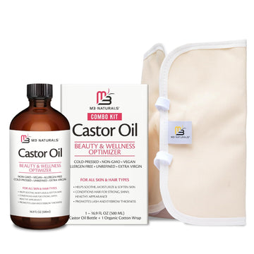 Pure Castor Oil Pack Kit - Large Hexane Free Cold Pressed Castor Oil In Glass Bottle Plus Adjustable And Reusable Organic Cotton Castor Oil Wrap Kit For Detox & Wellness Practices (1 Of Each)