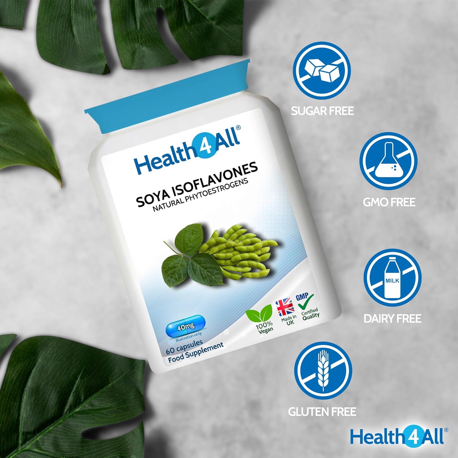 Health4All SOYA Isoflavones 40mg per Capsule, 60 Capsules 2 Months Supply, Menopause Support Supplement, High Strength SOYA Isoflavones 40% Extract, Non-GMO, Non-Irradiated, 1 a Day | Made in UK : Amazon.co.uk: Health & Personal Care