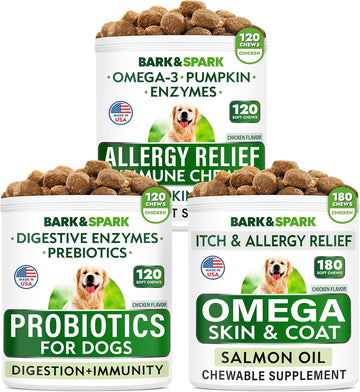 Allergy Relief + Omega 3 + Probiotics & Digestive Enzymes Bundle - Anti-Itch Skin & Coat + Joint Health + Pet Diarrhea Gas Treatment - Fish Oil + Epa & Dha Fatty Acids - 420 Chews - Made In Usa