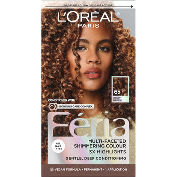 L’Oreal Paris Feria Multi-Faceted Shimmering Permanent Hair Color, High Intensity Hair Dye For 3X Highlights, 65 Honey Brown (Richest Caramel Brown), 1 Hair Dye Kit