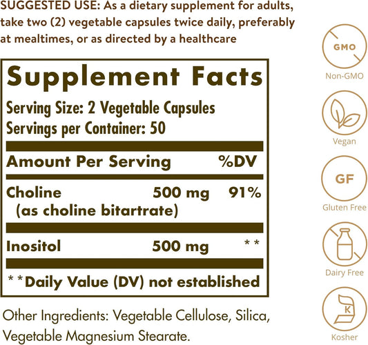 Solgar Choline/Inositol 500 Mg/500 Mg - 100 Vegetable Capsules, Pack Of 2 - Non-Gmo, Vegan, Kosher, Gluten Free, Dairy Free - 100 Total Servings