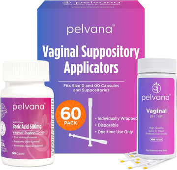Boric Acid Suppositories For Women 60 + 60 Applicators + 100 Ph Test Strips = 220 Piece Kit For Vaginal Ph Balance, Odor, Itching, & Discharge