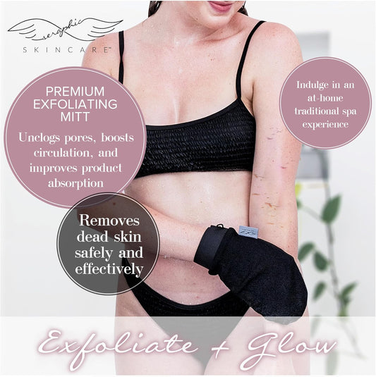 Seraphic Skincare Premium Exfoliating Glove (Gentle) – Viscose Fiber Korean Exfoliating Mitt For Sensitive Skin – Body Scrubber, Dead Skin Remover For Body & Self Tanner Removal & Application