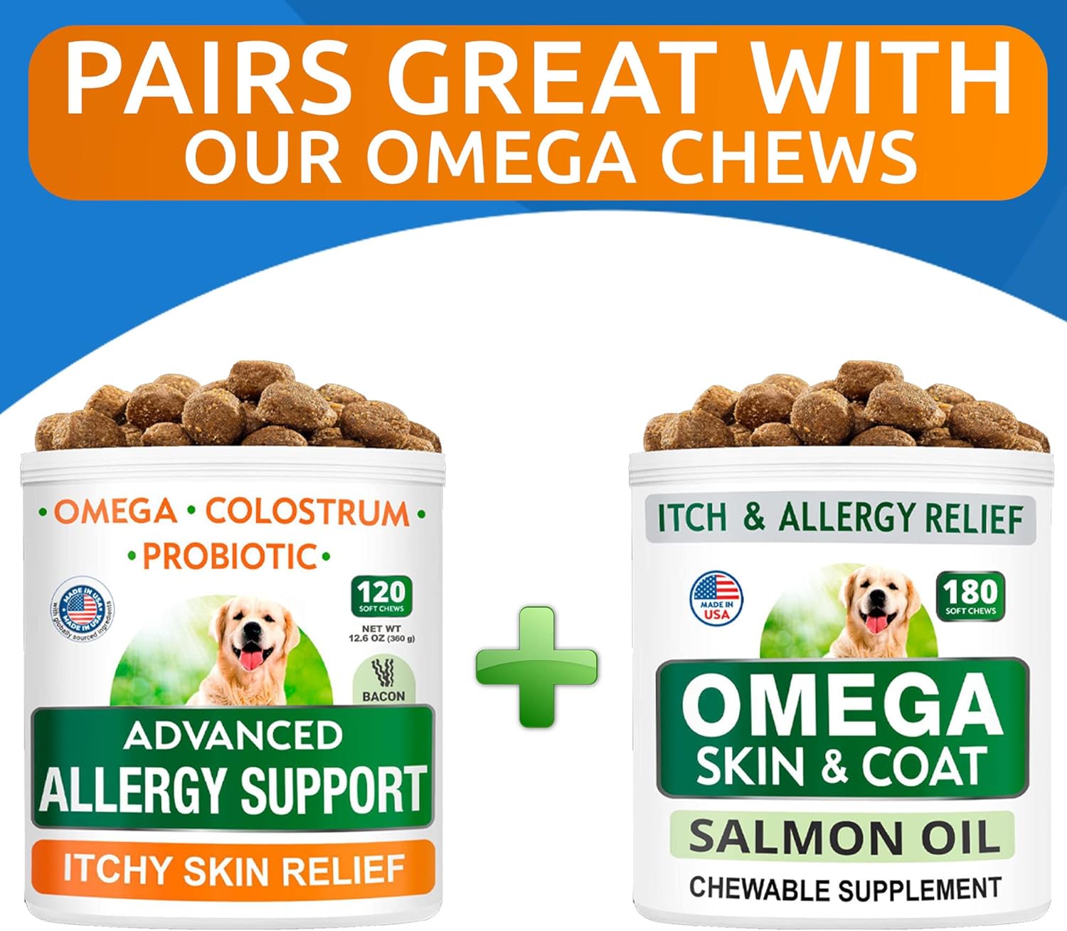 Advanced Dog Allergy + Salmon Oil Bundle - Itch Relief + Skin & Coat Support - Probiotics w/Fish Oil Omega 3 + EPA&DHA Fatty Acid - Skin Allergies + Skin&Coat Support - 120 Chews + 32oz - Made in USA : Pet Supplies