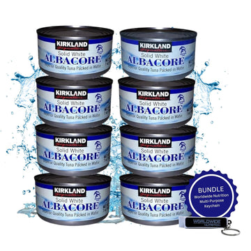 Worldwide Nutrition Bundle Compatible With Kirkland Signature Solid White Albacore Tuna - Premium Quality And Deliciously Versatile Tuna - 8 Counts Of 7 Ounce Cans And Multi-Purpose Key Chain