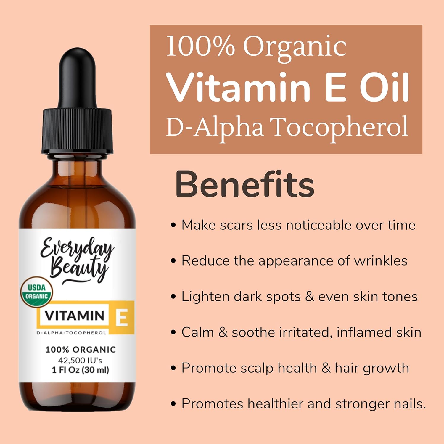 100% Organic Vitamin E Oil - D-Alpha Tocopherol Usda Certified 100% Organic - Pure And Natural 1 Fl Oz 42,500 Iu - For Face, Skin And Nails - Reduce Wrinkles, Anti Aging, Lighten Dark Spots : Beauty & Personal Care