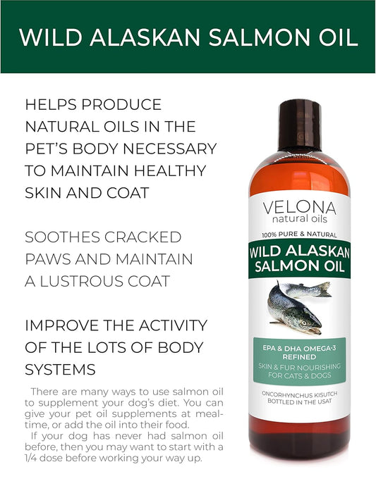 Velona Wild Alaskan Salmon Oil - 16 Oz | 100% Pure Refined Oil | For Dogs & Cats - Supports Joint Function | Omega 3 Liquid Food Supplement For Pets - Natural Epa + Dha Fatty Acids For Skin & Coat