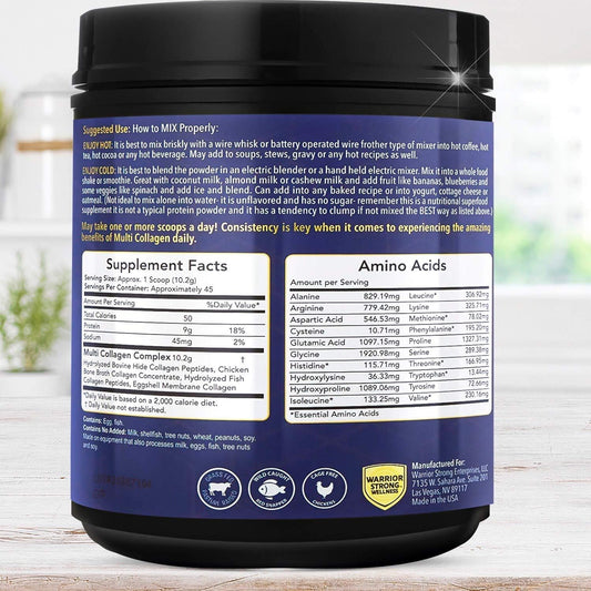 Warrior Strong Wellness Pure Hydrolyzed Multi Collagen Protein Powder, Collagen Powder, Boost Energy, For Aging Skin Elasticity, Hair & Nails Growth Support, Joint Health (Unflavored)