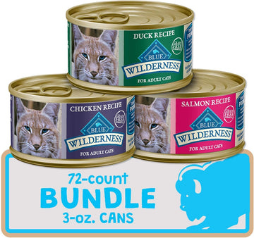 Blue Buffalo Wilderness High Protein Grain Free, Natural Adult Pate Wet Cat Food, Chicken, Salmon, Duck 3-Oz Cans (72 Count - 24 Of Each Flavor)