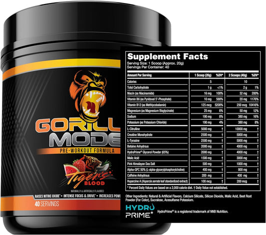 Gorilla Mode Pre Workout - Massive Pumps ร Laser Focus ร Energy ร Power - L-Citrulline, Creatine, L-Tyrosine, Betaine, Hydroprime, Alpha-Gpc, 400Mg Caffeine, Huperzine A - 800G (Tigers Blood)