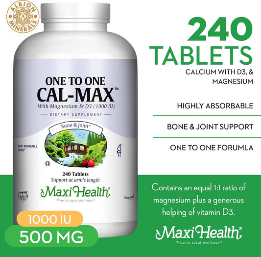500 Mg Calcium Supplement With Vitamin D3 (1000 Iu) And Magnesium (500 Mg) - Bone, Teeth And Joint Support For Men And Women - 120 Tablets - One To One Cal-Max By Maxi Health