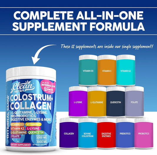 Bovine Colostrum+Collagen Peptides Powder| L-Glutamine L-Lysine Prebiotics Probiotics Digestive Enzymes Vitamin D K2 Vitamin C Quercetin & Folate|Gut Health Supplement Internal Glow By Clean Nutra (1)