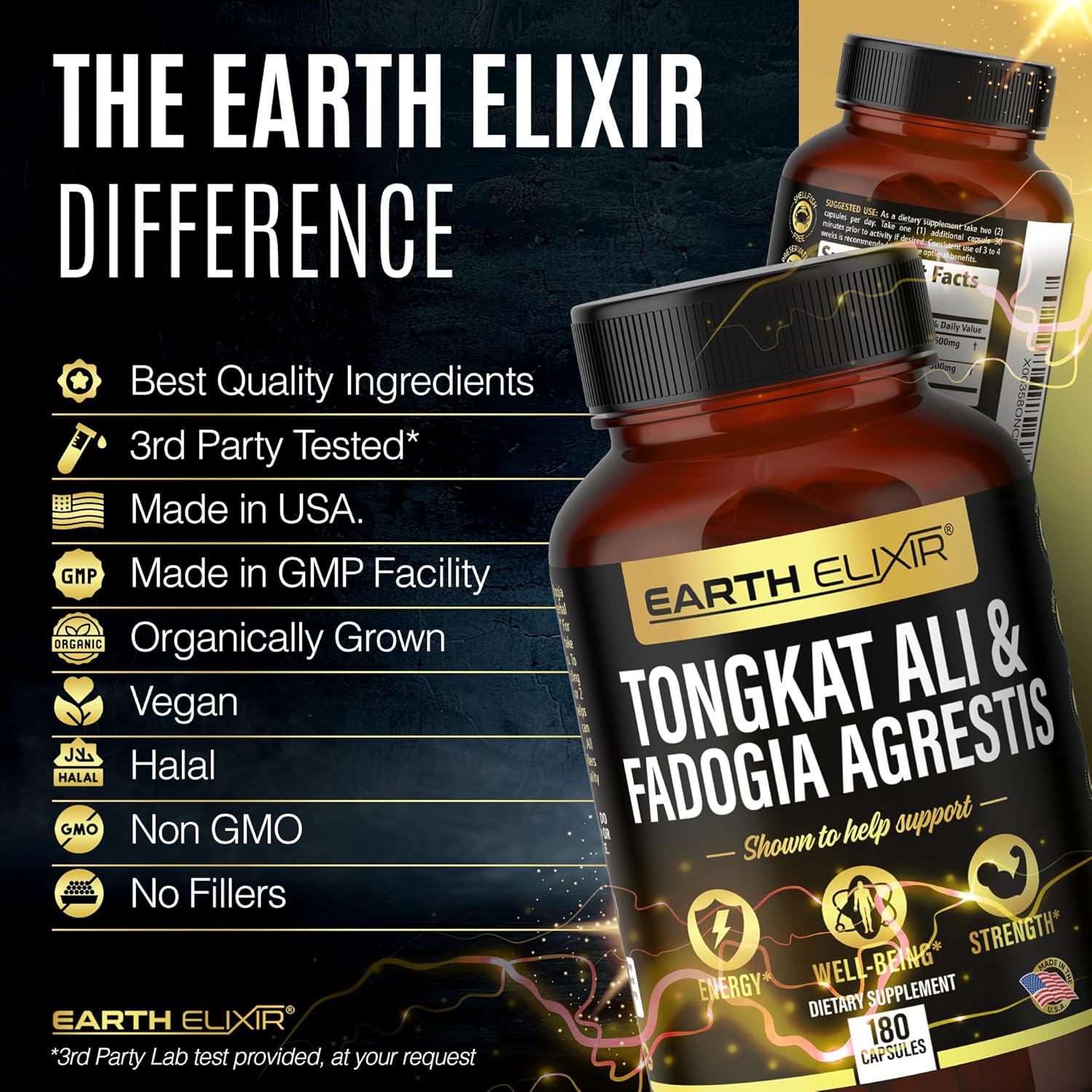 Earth Elixir Fadogia Agrestis 600mg and Tongkat Ali 500mg Supplements (180 Capsules) - Made in USA - 3 Month Supply β 3rd Party Tested - Long Jack - Tongkat Ali Fadogia Agrestis Supplements for Men : Health & Household