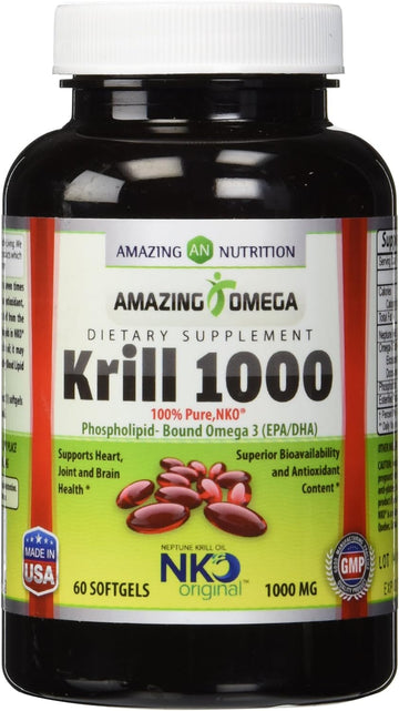 Amazing Omega Nko? Neptune Krill Oil 1000 Mg, 60 Softgels (Non-GMO, Gluten-Free) - Supports Heart, Joint & Brain Health and Superior bioavailability & antioxidant Content