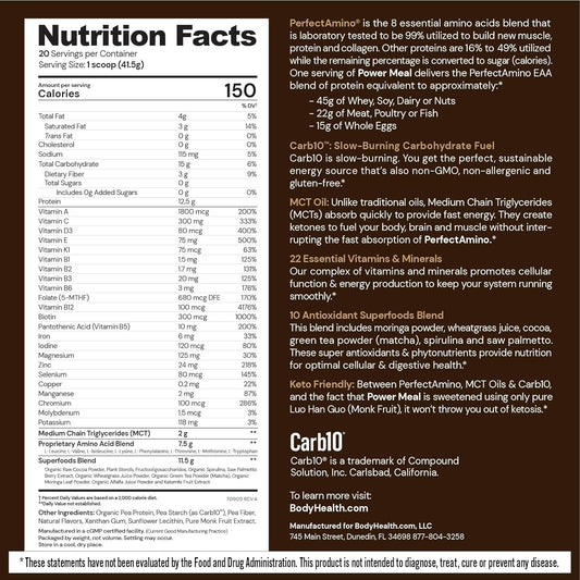 Bodyhealth Perfectamino Power Meal Shake New Dark Chocolate Flavor With Mct Oil Carb 10 And Perfect Amino Protein Base (20 Servings)