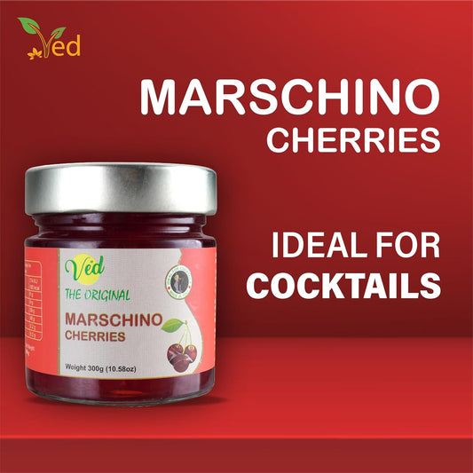 Ved Gourmet Original Red Maraschino Cherries - Italian Cherry For Old-Fashioned Cocktails - Vegan Cocktail, Bourbon Cherries In Natural Syrup For Cocktail Garnish - 300G Jar