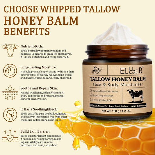 Whipped Tallow Cream For Face & Body - 100% Grass-Fed Beef Tallow, Natural Honey & Beeswax Moisturizer, Deep Hydration & Nourishment, Oil-Free & Unscented, Fast Absorbing