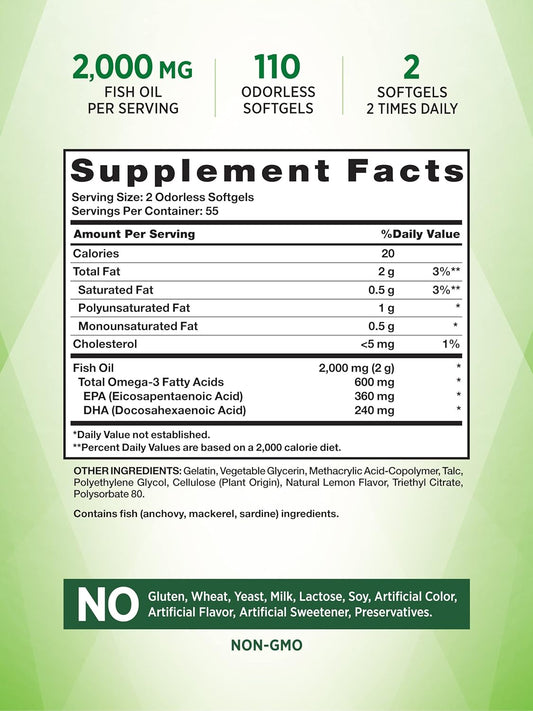 Nature'S Truth Fish Oil Supplement | 2000Mg | 110 Softgels | Omega-3 | Non-Gmo & Gluten Free | Natural Lemon Flavor | Burpless
