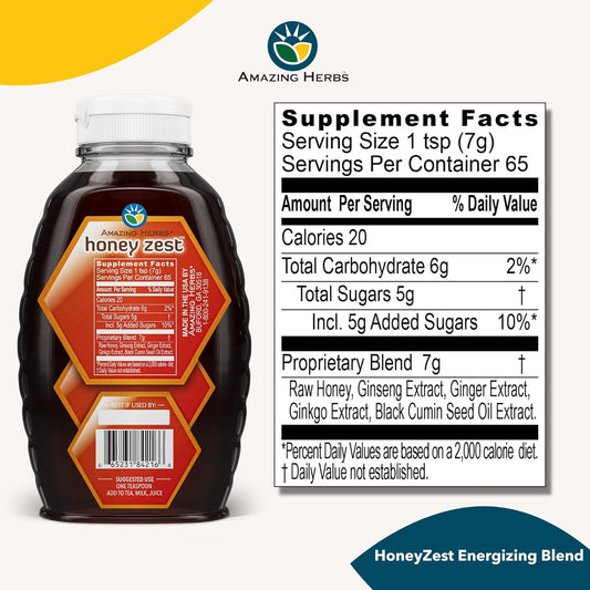 Amazing Herbs Raw Natural Honey - Herbal Honey Infused With Ginseng, Ginger, Ginkgo Extracts & Pure Black Seed Oil, Non Gmo, Gluten Free Immune Booster - Honeyzest Energizing Blend, 16 Fl Oz