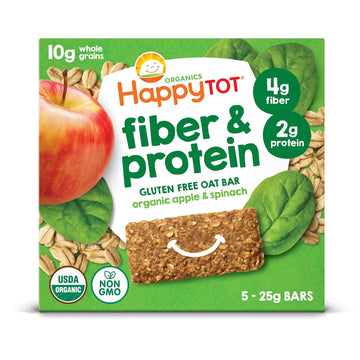 Happy Tot Organics Fiber & Protein Soft-Baked Oat Bars Toddler Snack Apple & Spinach, 0.88 Ounce Bars, 5 Count Box (Pack Of 6)