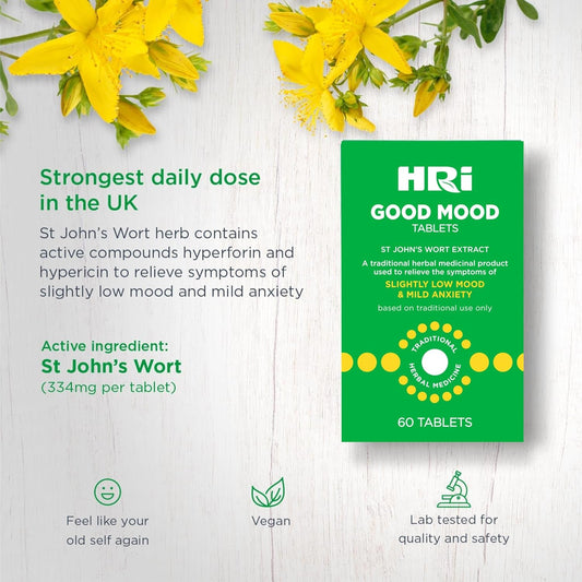 Hri Good Mood 60 Tablets - To Relieve The Symptoms Of Slightly Low Mood And Mild Anxiety - 334 Mg Of St John'S Wort Extract, Equivalent To 1670Mg – 2338Mg Of St John’S Wort. 1 Pack