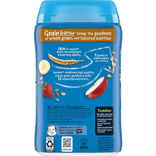 Gerber Cereal For Toddler Grain And Grow, Hearty Bits Multigrain Baby Cereal, Banana Apple Strawberry, 8 Oz Canister
