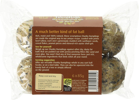 Fat Balls For Wild Birds - Jacobi Jayne® Chunky Dumplings™ Premium Suet Balls - Pack Of 6 X 85G - High Energy Fat Balls Wild Bird Food Feed To Attract Small Wild Birds Year RoundCd85-6