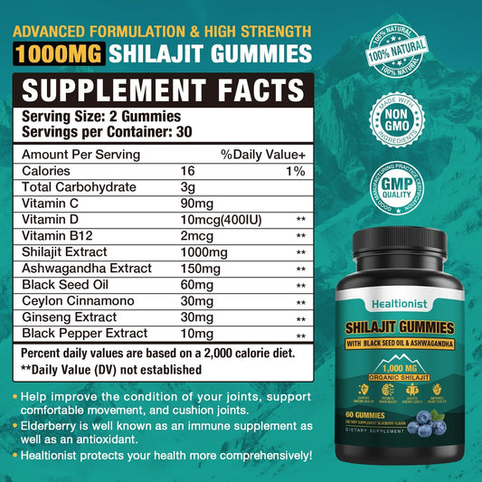 1 Packs 1000 Mg Shilajit Supplement Gummies With 85+ Trace Minerals, Fulvic Acid, Pure Organic Shilajit Himalayan Gummy For Men & Women, Energy, Brain, Immunity Suport - 60 Counts