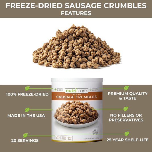 'Nutristore Freeze-Dried Sausage Crumbles (4-Pack) | Emergency Survival Bulk Food Storage | Premium Quality Meat | Perfect For Lightweight Backpacking/Camping Or Home Meals | Usda Inspected