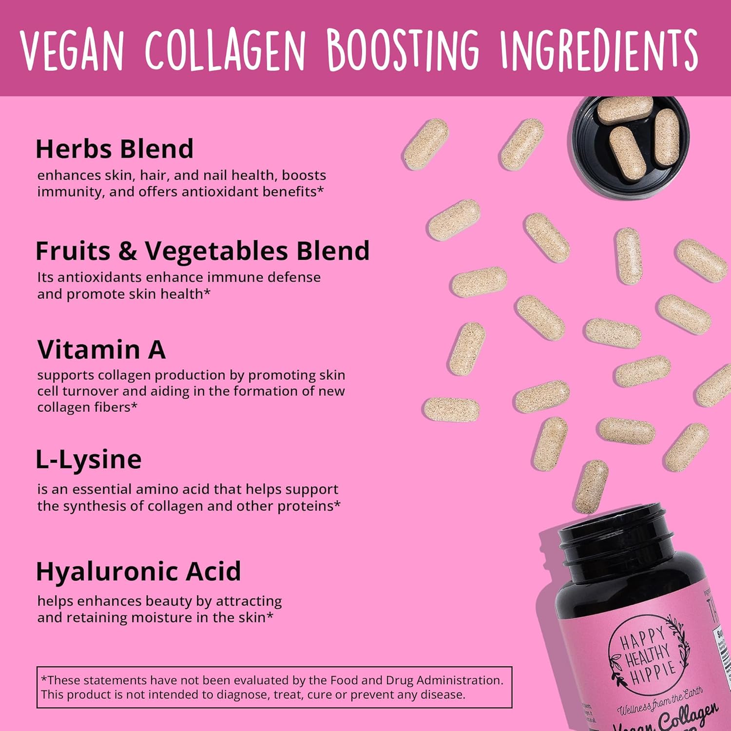 Vegan Collagen Builder W/ Hyaluronic Acid β Hair Skin And Nails Vitamins For Youthful Glow | Keratin & Elastin Booster | Bones, Cartilage, Tendons | Vitamin A, L-Lysine | Vegetarian | Non-Gmo, 60 Ct : Health & Household