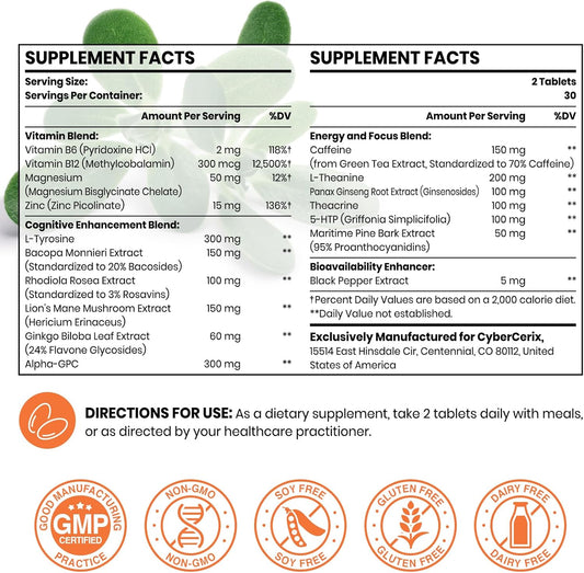 17-In-1 Brain Supplement For Memory And Focus - Nootropic Brain Supplement For Concentration, Clarity, Energy & Focus - Natural Caffeine Blend With Vitamins, Amino Acids & Herbal Extracts - 60 Tablets